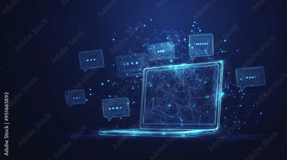 Fototapete abstract logo of a chatbot displayed on a laptop screen, accompanied by speech bubbles, question mar