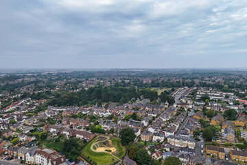 Aerial drone shot over the town of Bishops Stortford in England