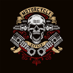 vintage biker logo. skull ribbon and piston vintage style for motorcycle club design