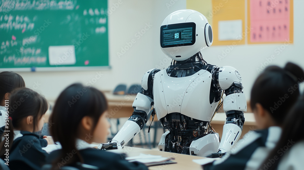 Aufkleber A humanoid robot teaching a group of students in a modern classroom, showcasing the integration of AI and robotics in education, with a futuristic atmosphere.