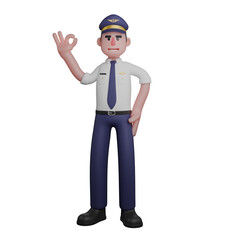 Animated Male Pilot. A pilot is standing with his left hand on his waist while his right hand forms an ok symbol. 3D Professional
