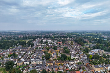 Aerial drone shot over the town of Bishops Stortford in England