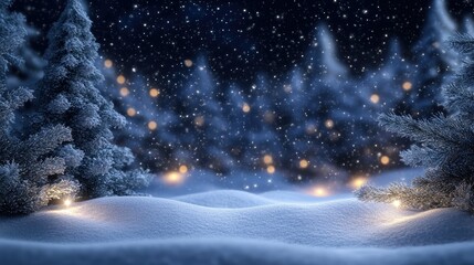 snow falling at night in a snowy dark forest with lights and stars