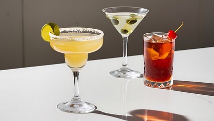 Three cocktails with alcohol margarita cocktail martini blue hawaian Iced tea with maraschino cherry isolated on a white background