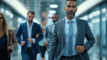 A man in a suit and tie is walking down a hallway with other people