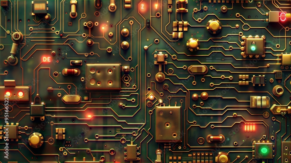 Poster close-up of detailed electronic circuit board with glowing elements and complex patterns