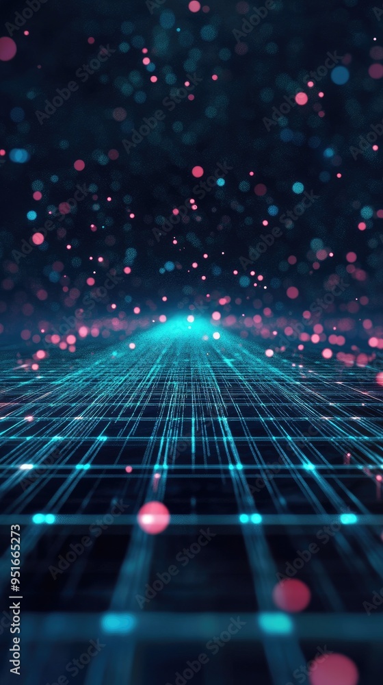 Poster a mesmerizing digital landscape with glowing particles and a grid pattern converging into the distan