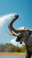 Obraz premium A majestic elephant playfully sprays water with its trunk against a clear blue sky, showcasing its beauty and grace in nature.
