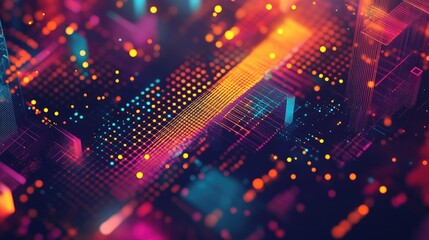 Obraz premium A vibrant isometric pattern with colorful dots and lines, creating a dynamic and abstract 3D background.