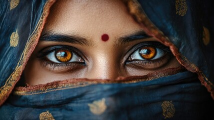 Fototapeta premium Close-up of a woman eyes, with her dupatta partially covering her face, adding mystery and cultural depth