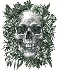 Obraz premium A detailed skull surrounded by lush tropical foliage, blending life and death themes.