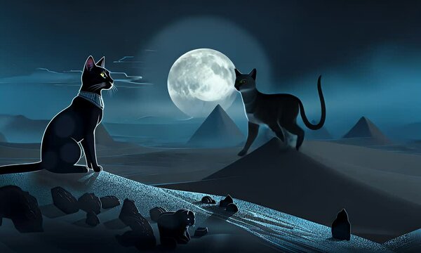 Mystical Night in the Desert with Cats and Pyramids