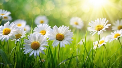 Background with bright daisies on green grass, daisies, flowers, nature, sunny, spring, vibrant, meadow, petals, blooming