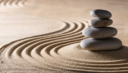 Japanese ZEN garden with stacked stones in raked sand
