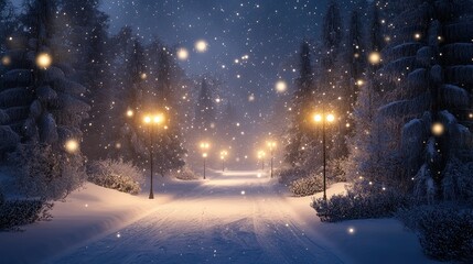 snow falling at night in a snowy dark forest with lights and stars