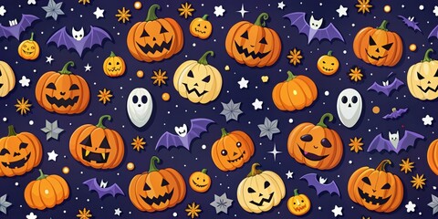 Fototapeta premium A spooky and colorful Halloween pattern featuring jack-o'-lanterns, bats, and masks, Halloween, spooky, colorful, pattern