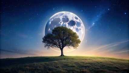 Moon shining brightly above a lone tree in a serene night landscape, moon, tree, night, sky, stars, nature, tranquil