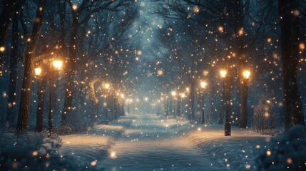 snow falling at night in a snowy dark forest with lights and stars
