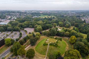 Obraz premium Aerial drone shot of a public park in the centre of Bishops Stortford, England