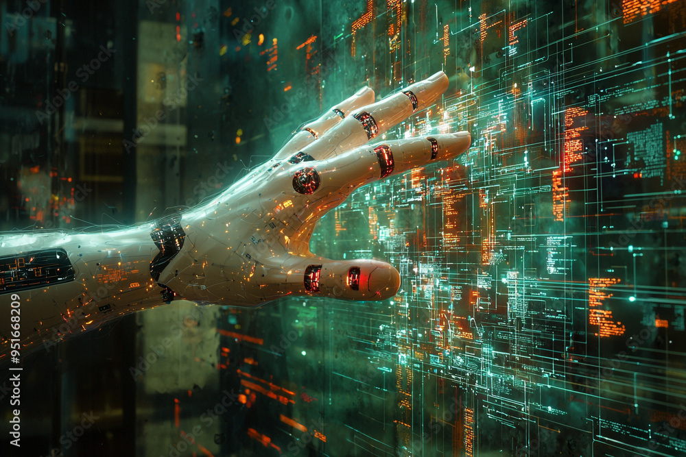 Poster A robotic hand interacting with a complex digital interface, glowing with data streams and circuits, symbolizing the advanced integration of AI and technology.