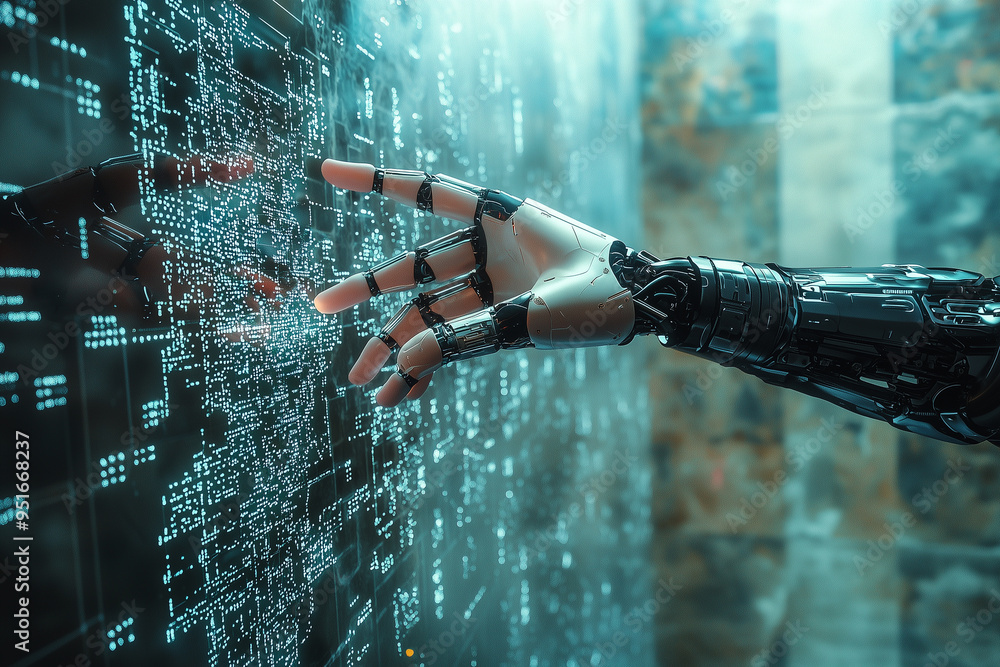 Poster a robotic hand interacting with a digital interface, with glowing data points, symbolizing the integ