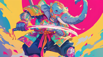 Cute elephant wearing Japanese samurai armor, cool poses, cute kawaii, simple, smiling happy. neon psychedelic background