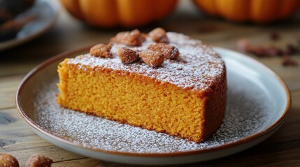 A slice of pumpkin cake with powdered sugar and pumpkin seeds on top
