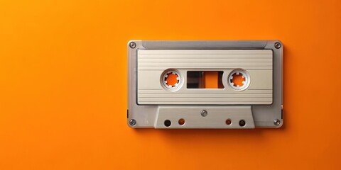 Fototapeta premium Vintage cassette audio tape loop isolated on orange background, retro, music, nostalgia, analog, technology