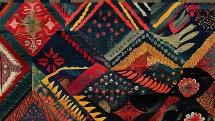 Fototapeta premium Abstract patchwork pattern of red, yellow, and blue fabric with floral motifs.