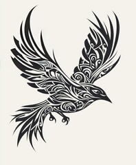 Obraz premium A stylized black and white illustration of a bird in flight with intricate patterns.