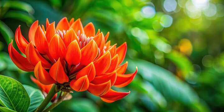 Vibrant red Butea monosperma flower against a green foliage background, Butea monosperma, red flower