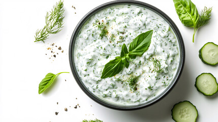 Fresh Dill and Cucumber Yogurt Dip with Basil Garnish