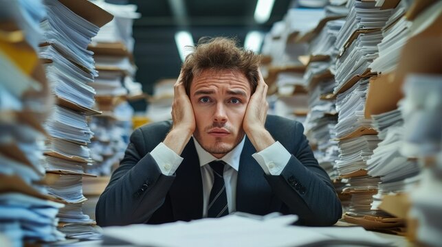 Overwhelmed Businessman Surrounded By Piles of Paper