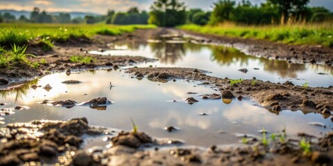 Naklejka premium Muddy ground with small puddles after rainfall, mud, wet, dirt, soil, ground, nature, messy, brown, outdoor, texture, water