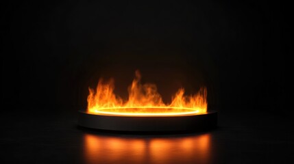 a podium display with glowing flames on a black background