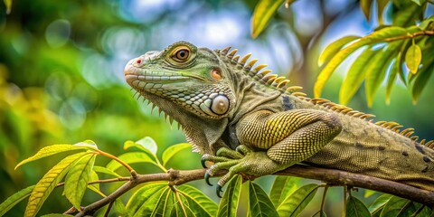 Obraz premium Reptile resting on branches and leaves of a tree in the natural habitat on a cloudy day, reptile, tree