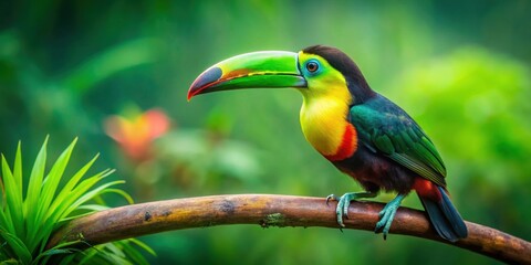 Vibrant emerald toucan perched on a lush green nature background, toucan, exotic bird, wildlife, vibrant colors