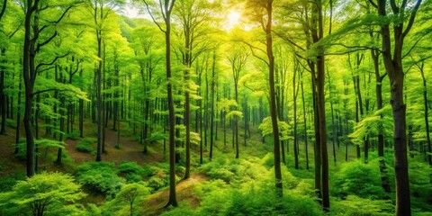 Fototapeta premium A detailed of a vibrant green forest , nature, trees, foliage, lush, environment, outdoors, landscape, ecosystem, flora