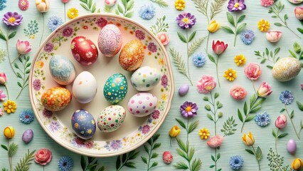 Easter eggs with floral pattern arranged in a plate, Easter, eggs, floral, pattern, plate, decoration, holiday