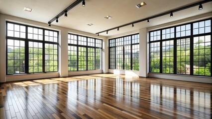 Fototapeta premium Large empty room with black windows and natural finished hardwood flooring , spacious, empty, room, large