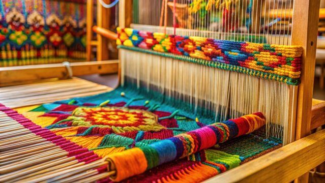 Vibrant tapestry being woven on a rhythmic loom in a workshop, heritage, craftsmanship, textile, weaving, colorful