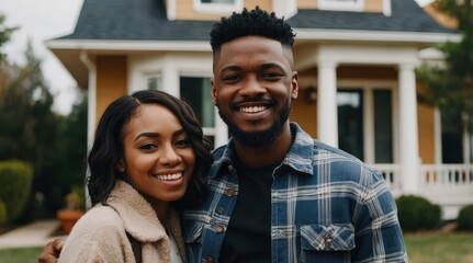 Happy young married black african american couple standing in front of their new house, concept of real estate, house sale buying