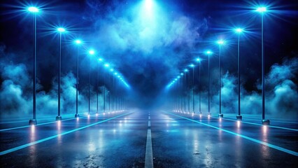 Abstract blue asphalt background illuminated by futuristic neon glow, with smoke, spotlights, and dark street vibes, neon