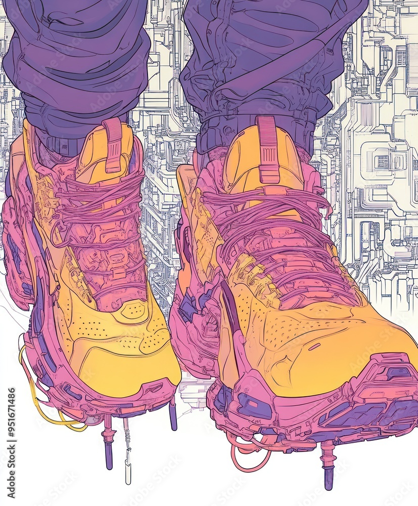 Poster A vibrant illustration of futuristic sneakers with intricate details and color gradients.