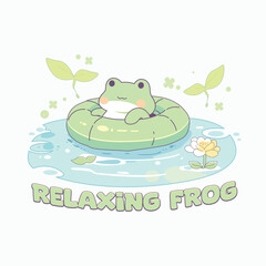 Cute cartoon frog relaxing in a pool with a green inflatable ring. Summer, nature, and animal themed illustration.