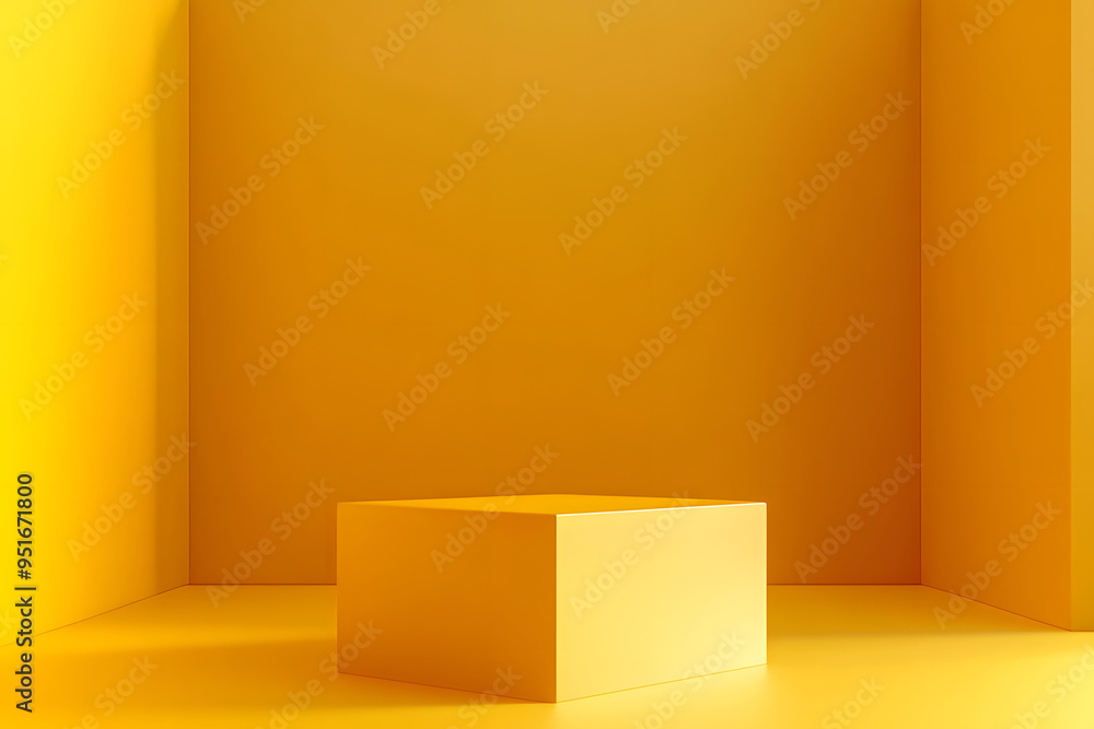 Poster Empty room interior design or yellow pedestal display on vivid background with blank stand. Blank stand for showing product. 3D rendering.