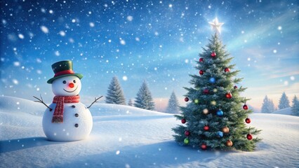Fototapeta premium Snowman and Christmas tree in a snowy winter landscape, snowman, Christmas tree, winter, holiday, festive, decorations, cold