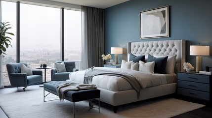 Luxury bedroom with city views, tufted headboard, and blue accents in a modern high-rise. 