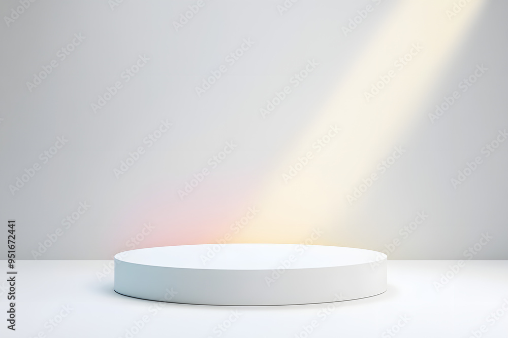 Poster Empty podium or pedestal display on white background with cylinder stand concept. Blank product shelf standing backdrop. 3D rendering.