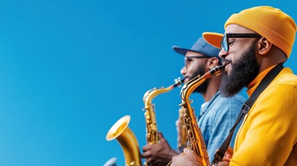 Muslim people playing saxophones at a cultural festival, their music bringing joy to all.